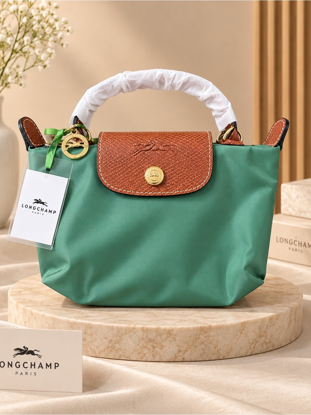 Longchamp Green Nylon Tote with Brown Leather Trim